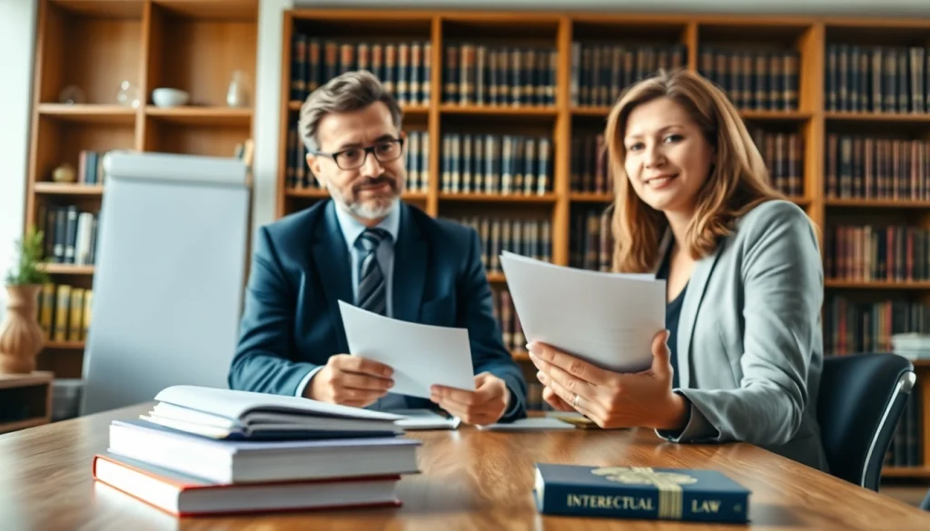 Engaging intellectual property lawyer consulting with a client in a modern office.