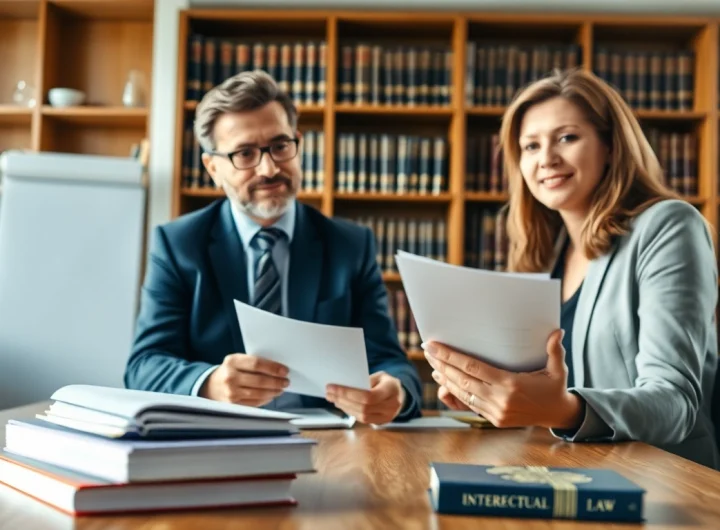 Engaging intellectual property lawyer consulting with a client in a modern office.