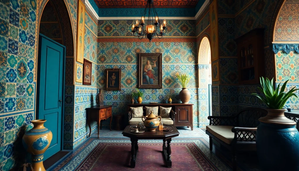 Des carreaux zellige vibrants subliment un intérieur marocain chaleureux avec des motifs complexes.