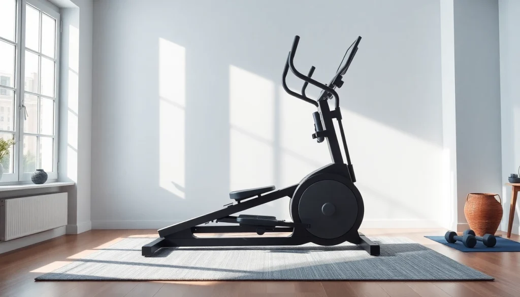 Elliptical machine manufacturer showcasing a modern design in a tranquil home gym setting