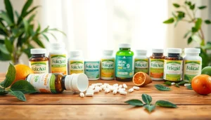 新鮮な野菜と果物を背景に、落ち着いた雰囲気の中で表示される高く推奨される葉酸サプリの画像