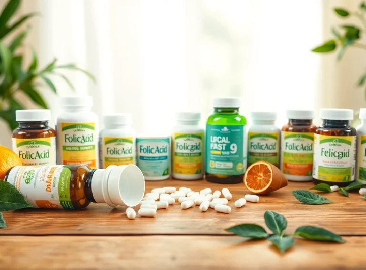 新鮮な野菜と果物を背景に、落ち着いた雰囲気の中で表示される高く推奨される葉酸サプリの画像