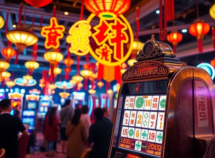 Permainan mahjong slot yang menampilkan simbol-simbol budaya Tiongkok yang kaya warna.