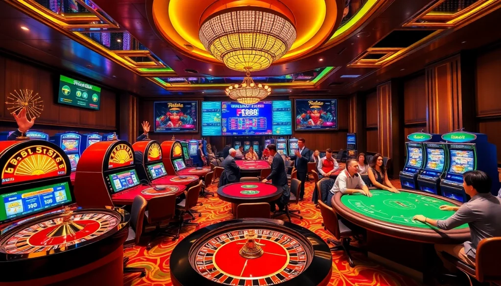 Engage with the thrilling gaming experience of พอร์ทเกม F168 featuring lively casino tables and colorful slot machines.