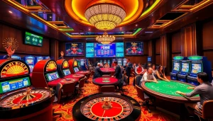 Engage with the thrilling gaming experience of พอร์ทเกม F168 featuring lively casino tables and colorful slot machines.