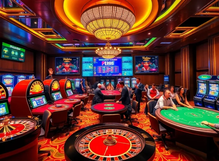 Engage with the thrilling gaming experience of พอร์ทเกม F168 featuring lively casino tables and colorful slot machines.