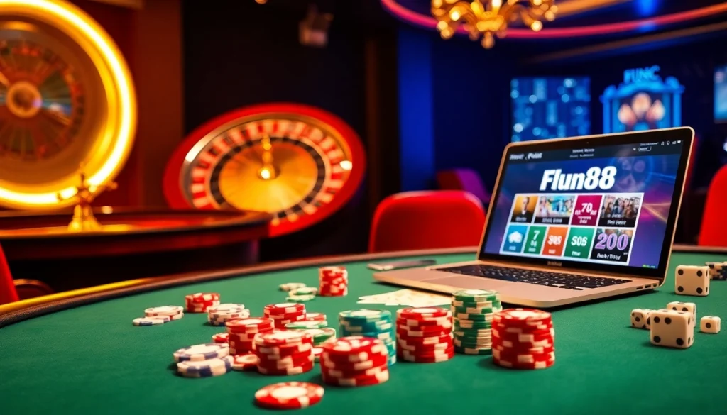 Players enjoying a thrilling game night at Fun88 casino with vibrant chips and tables.