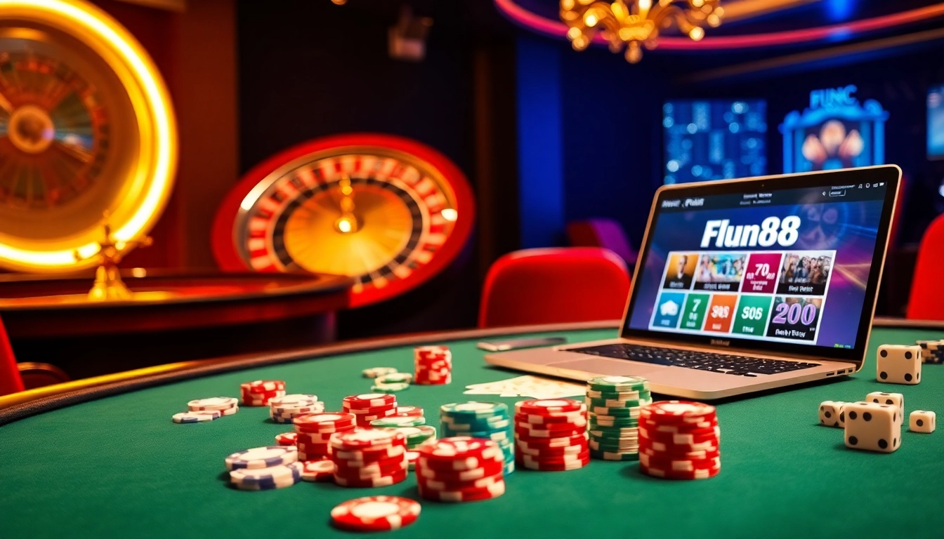 Players enjoying a thrilling game night at Fun88 casino with vibrant chips and tables.