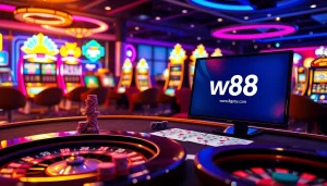 Hòa mình vào sự phấn khích của trò chơi casino bằng liên kết W88 được trưng bày trên những bàn chơi đầy màu sắc và máy đánh bạc.
