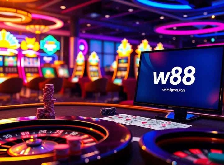 Hòa mình vào sự phấn khích của trò chơi casino bằng liên kết W88 được trưng bày trên những bàn chơi đầy màu sắc và máy đánh bạc.