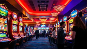 Exciting online casino atmosphere featuring hoki138 slot machines and vibrant players.