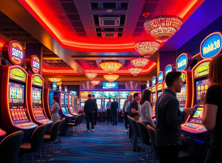 Exciting online casino atmosphere featuring hoki138 slot machines and vibrant players.