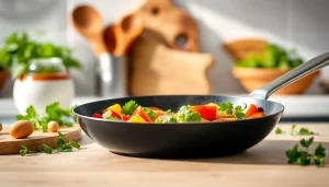 Cooking delicious meals with a nonstick fry pan NZ in a bright modern kitchen.