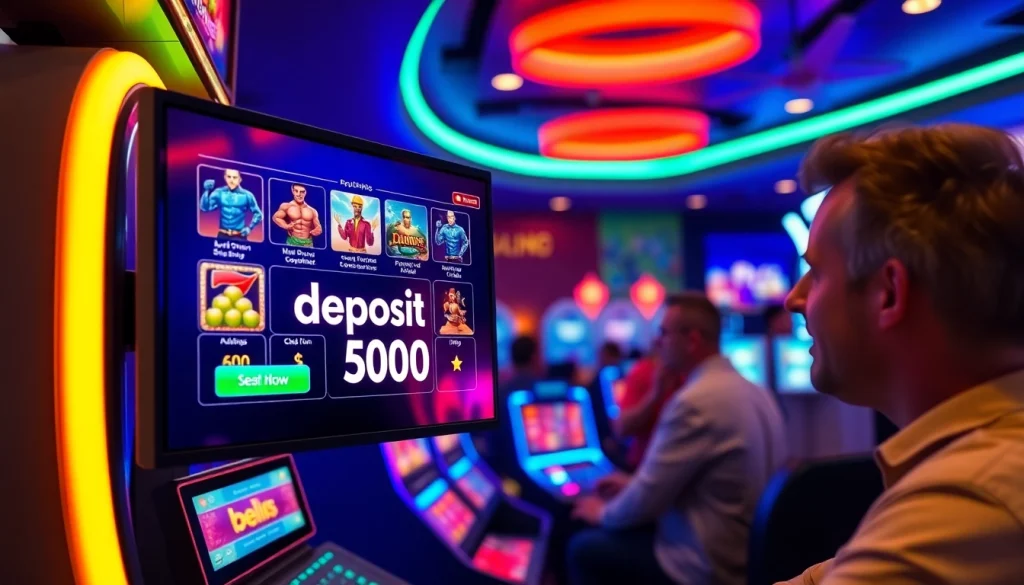 Mengakses slot deposit 5000 dengan interface menarik dan pemain yang antusias di latar belakang.
