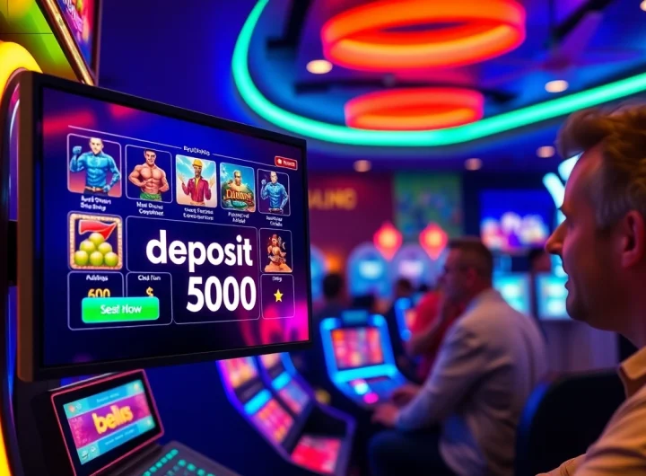 Mengakses slot deposit 5000 dengan interface menarik dan pemain yang antusias di latar belakang.