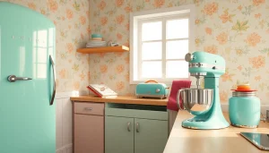 Showcase of retro appliances including a mint fridge, pastel toaster and stand mixer