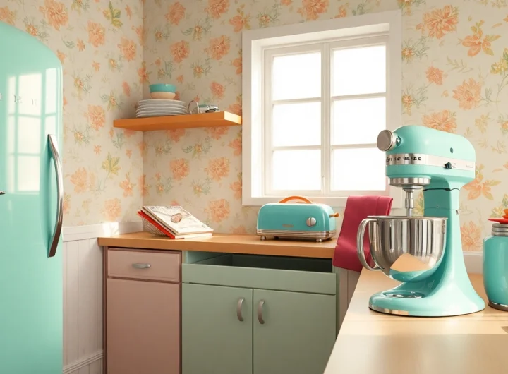 Showcase of retro appliances including a mint fridge, pastel toaster and stand mixer