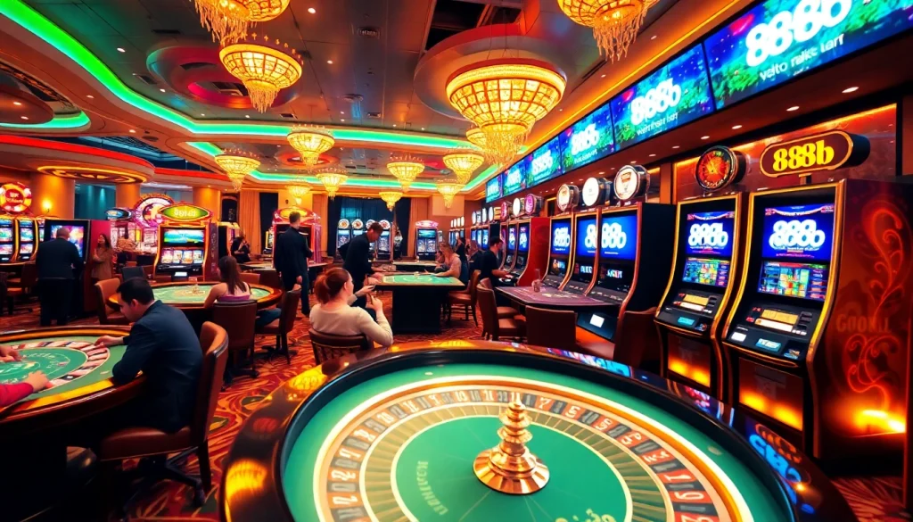 Experience the excitement of online gambling with the 888b link showcased amidst a lively casino atmosphere.