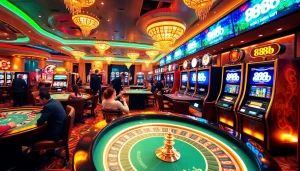 Experience the excitement of online gambling with the 888b link showcased amidst a lively casino atmosphere.