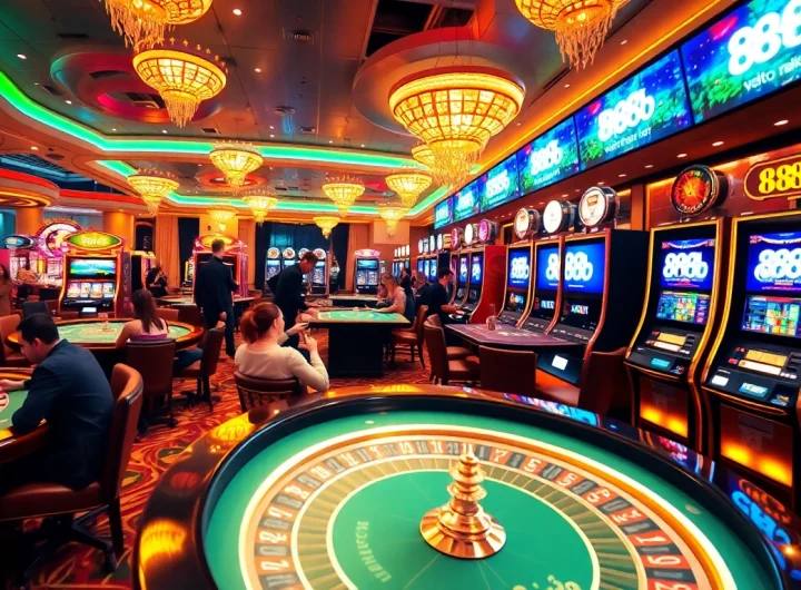 Experience the excitement of online gambling with the 888b link showcased amidst a lively casino atmosphere.