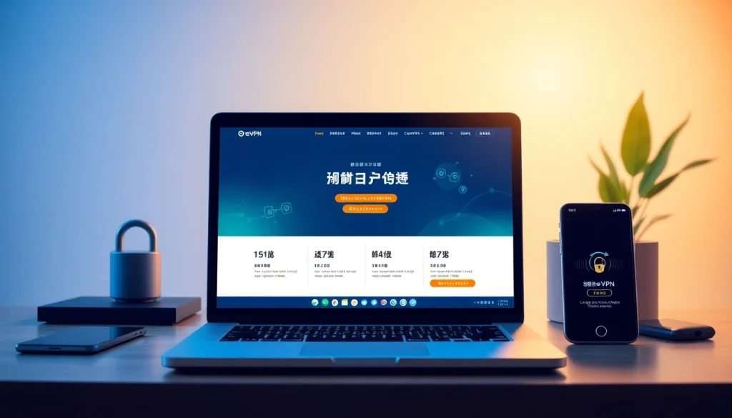 快连官网 interface showcasing VPN features on a sleek laptop and smartphone, emphasizing speed and security.