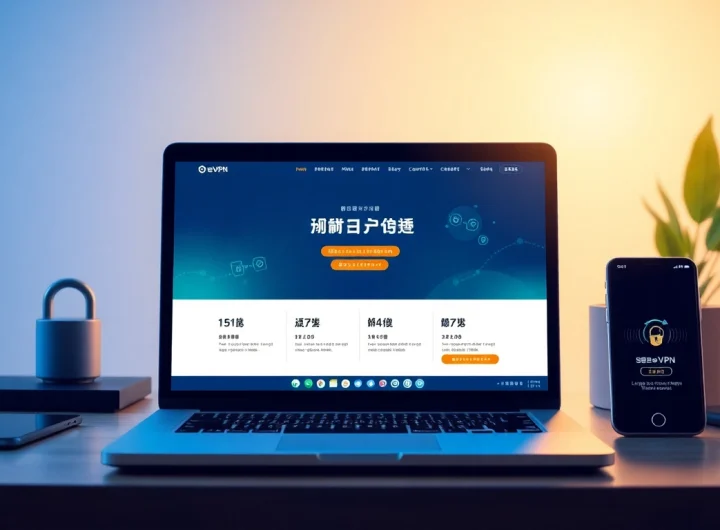 快连官网 interface showcasing VPN features on a sleek laptop and smartphone, emphasizing speed and security.
