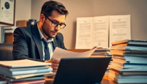 Tradutor juramentado translating legal documents in a professional workspace.