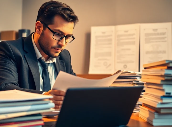Tradutor juramentado translating legal documents in a professional workspace.