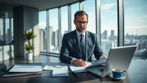 Crisis management consultant analyzing data in a modern office environment for strategic insights.
