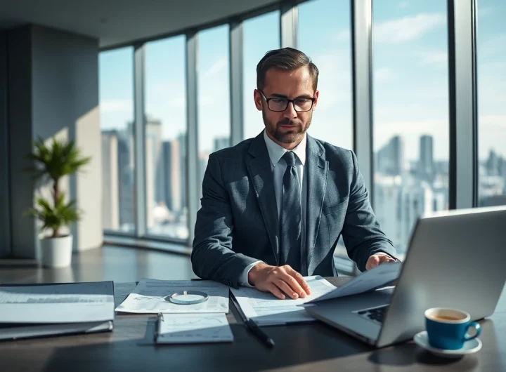 Crisis management consultant analyzing data in a modern office environment for strategic insights.