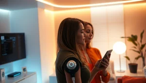 Engaging scene of ai sex showcasing a couple and their AI companion in a modern setting.