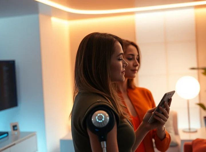 Engaging scene of ai sex showcasing a couple and their AI companion in a modern setting.