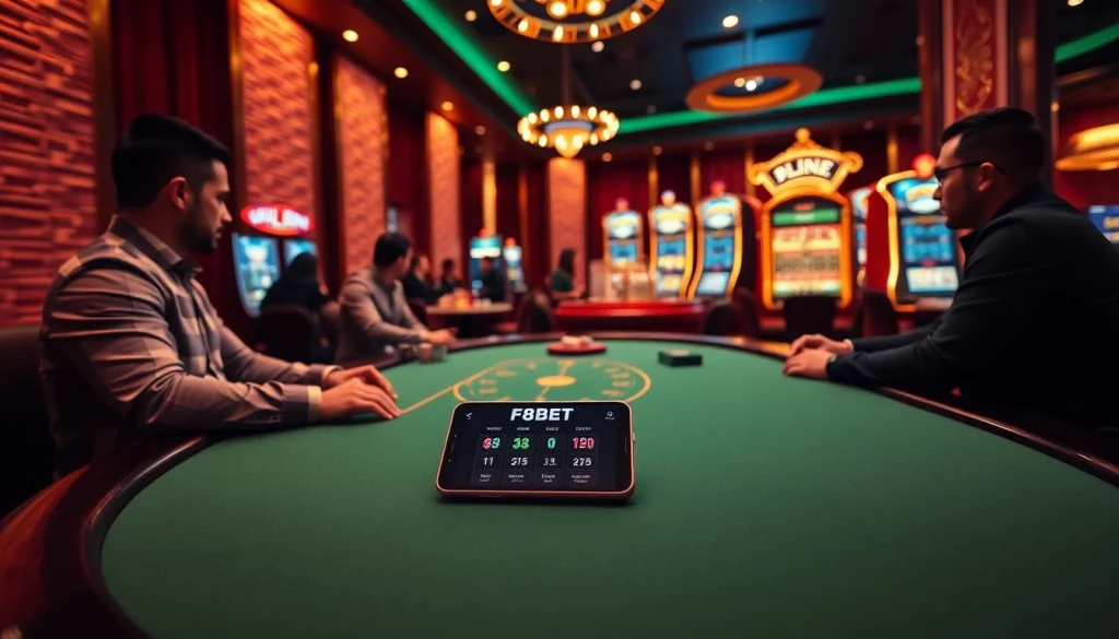 Experience the thrill of Link F8BET in a vibrant casino setting with professional players at poker tables.