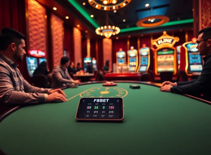 Experience the thrill of Link F8BET in a vibrant casino setting with professional players at poker tables.