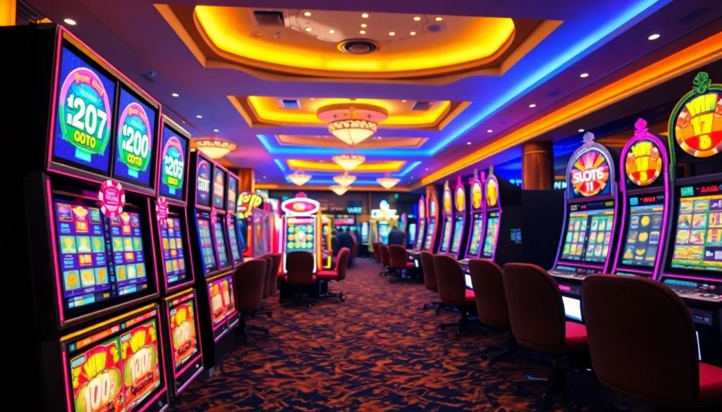 Menampilkan slot depo 1k dengan mesin slot berwarna-warni dan suasana kasino yang enerjik.