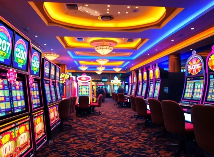 Menampilkan slot depo 1k dengan mesin slot berwarna-warni dan suasana kasino yang enerjik.