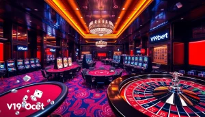 Experience the excitement of V9bet with players gambling at luxurious casino tables.