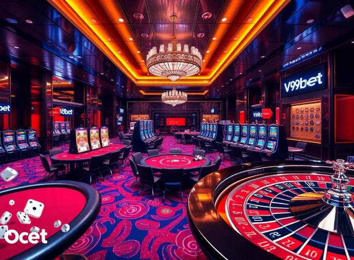 Experience the excitement of V9bet with players gambling at luxurious casino tables.