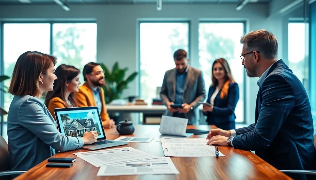 Engaging scene depicting experts on property insurance claims with diverse clients discussing documentation.