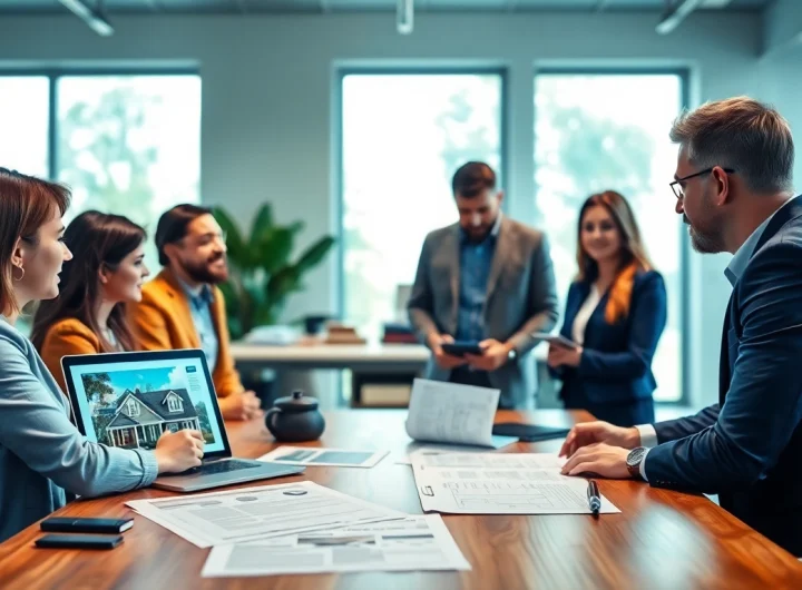 Engaging scene depicting experts on property insurance claims with diverse clients discussing documentation.
