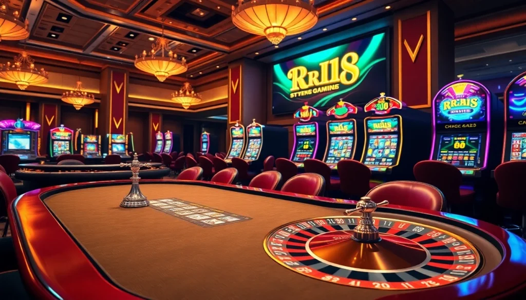 Players enjoying a thrilling game at https://rr88.gratis/ with vibrant casino elements and exciting ambiance.