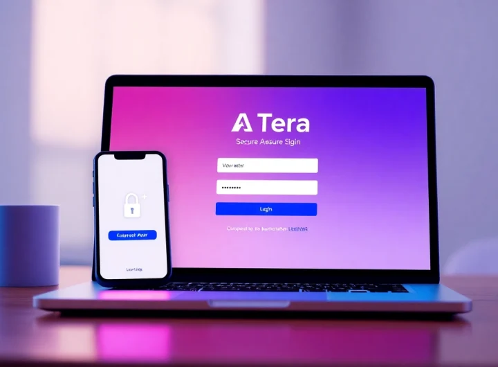 Atera login screen displaying security features with a smartphone authenticator app nearby.