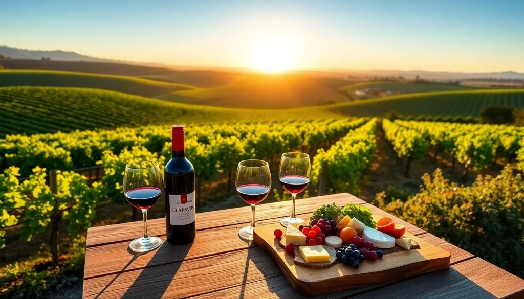 Indulge in the beauty of Clarksburg wineries with a scenic vineyard view and wine tasting setup.