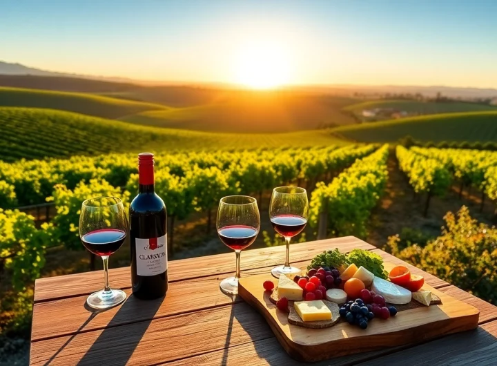 Indulge in the beauty of Clarksburg wineries with a scenic vineyard view and wine tasting setup.