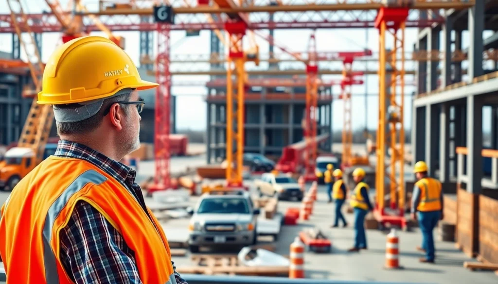 New Jersey Construction Manager directing a busy construction site with workers and cranes.