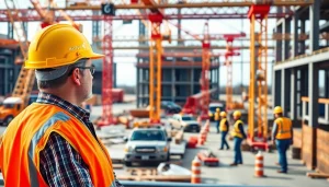 New Jersey Construction Manager directing a busy construction site with workers and cranes.