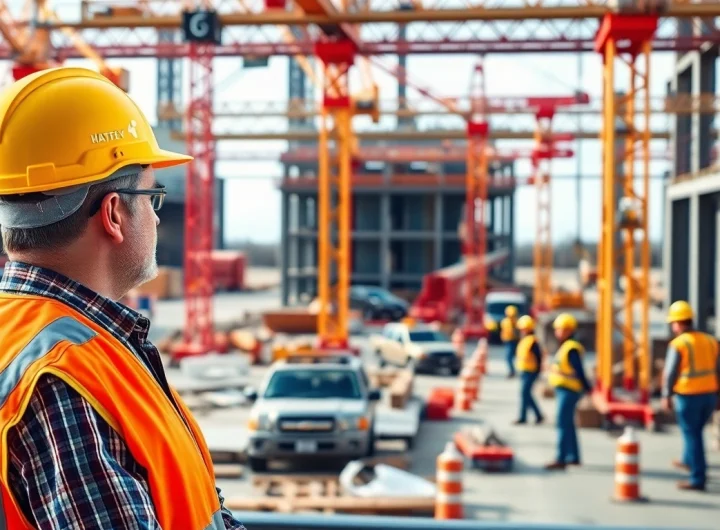New Jersey Construction Manager directing a busy construction site with workers and cranes.