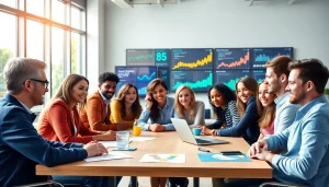 Dynamic team meeting at a social media agency, analyzing strategies and data.