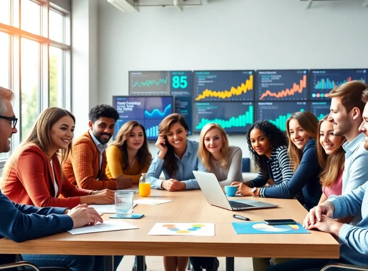 Dynamic team meeting at a social media agency, analyzing strategies and data.