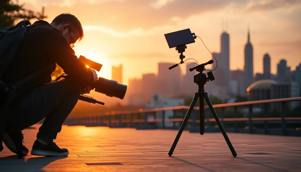 Videographer capturing a stunning cityscape during golden hour, emphasizing creativity and artistry.